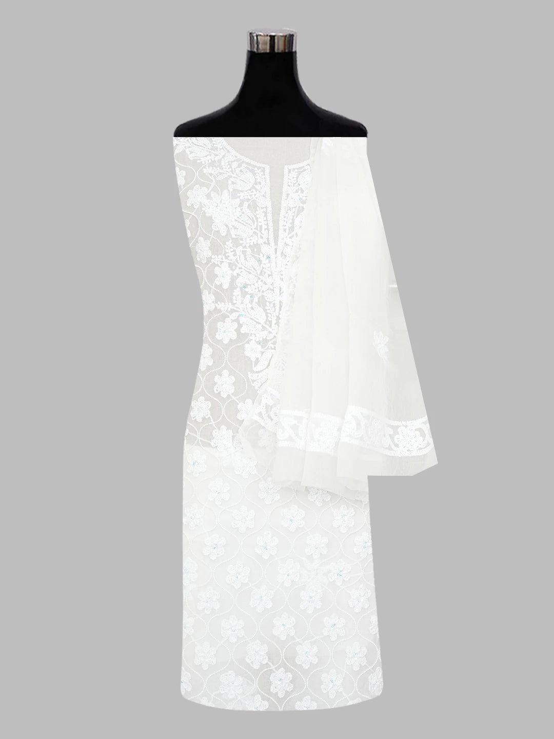 Ada Hand Embroidered White Organza Lucknowi Chikankari Unstitched Kurta Dupatta Set with Pearl Work 01A610604