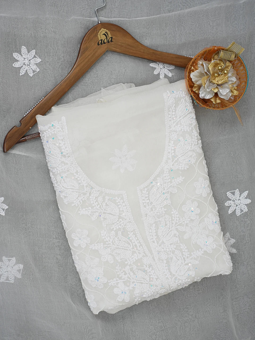 Ada Hand Embroidered White Organza Lucknowi Chikankari Unstitched Kurta Dupatta Set with Pearl Work 01A610604
