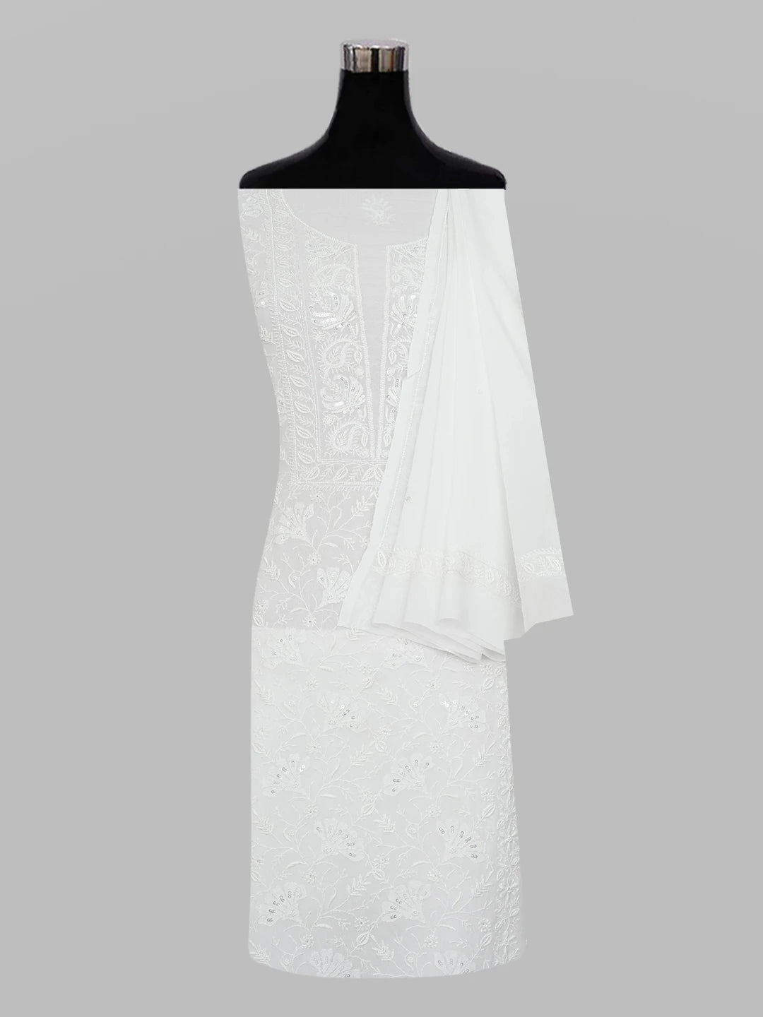 Ada Hand Embroidered White Viscose Georgette Lucknowi Chikankari Unstitched Kurta Dupatta Set with Pearl and Cutdana Work 01A592360