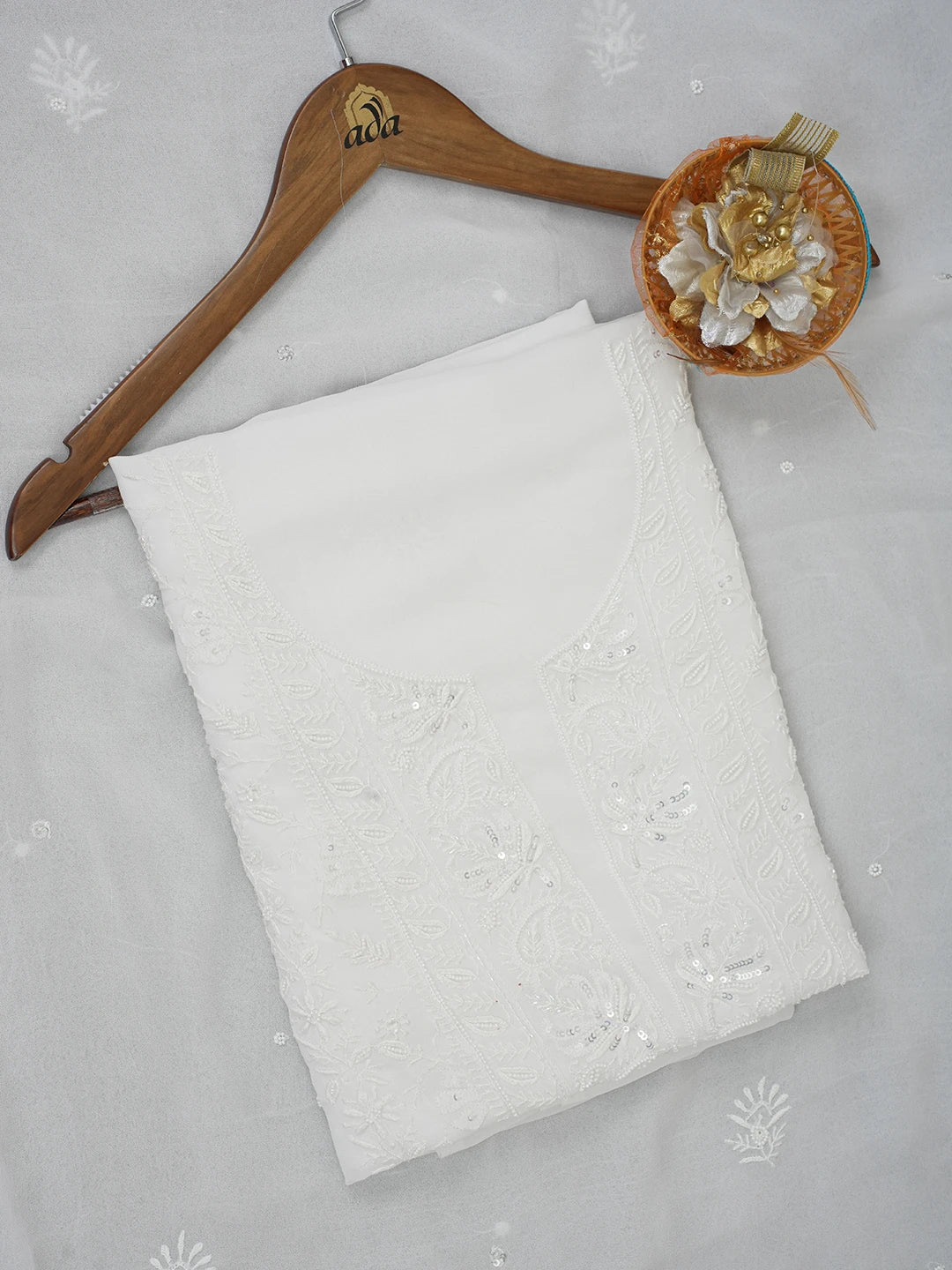 Ada Hand Embroidered White Viscose Georgette Lucknowi Chikankari Unstitched Kurta Dupatta Set with Pearl and Cutdana Work 01A592360