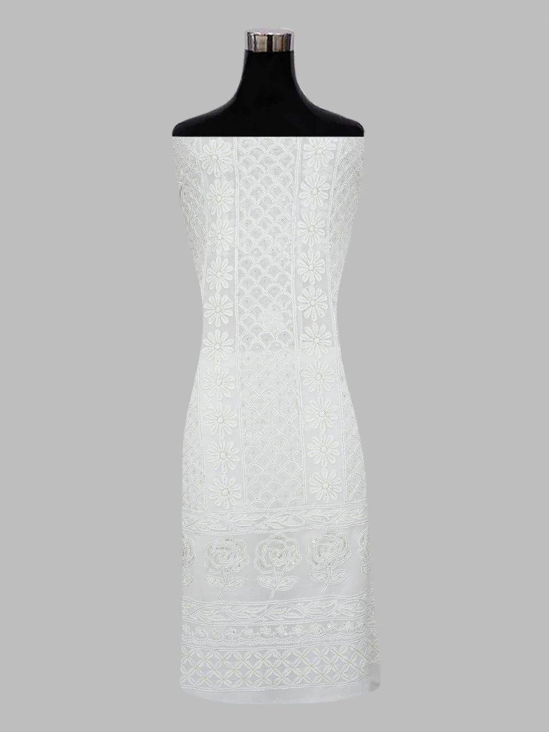 Ada Hand Embroidered White Viscose Georgette Lucknowi Chikankari Unstitched Kurta Dupatta Set with Cutdana and Sequinned Work 01A337583