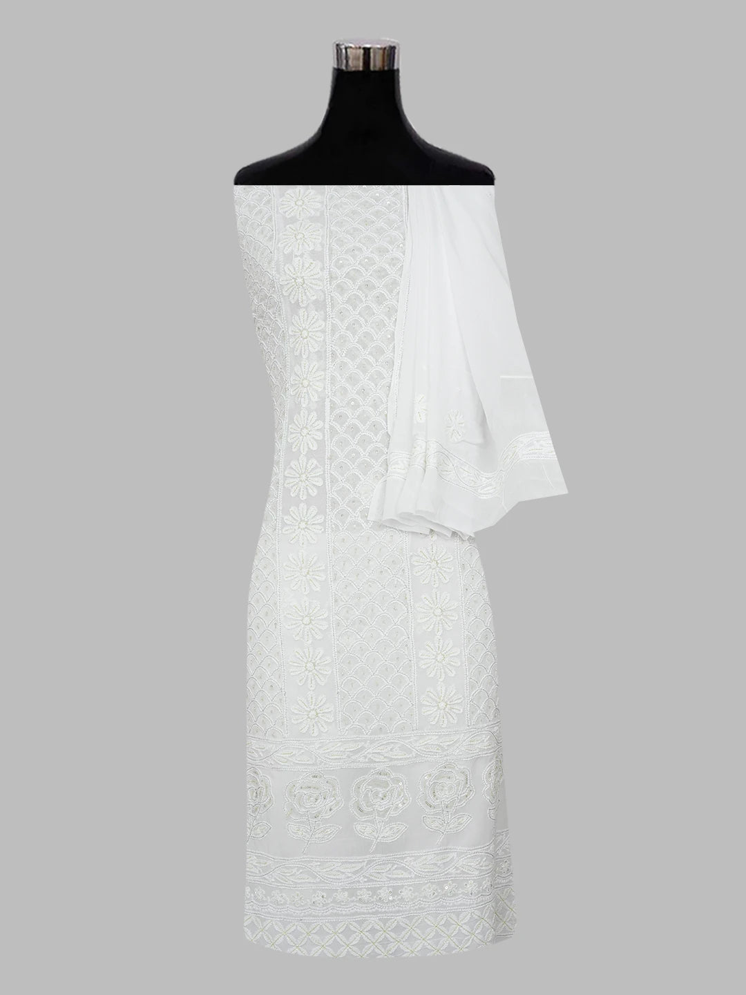 Ada Hand Embroidered White Viscose Georgette Lucknowi Chikankari Unstitched Kurta Dupatta Set with Cutdana and Sequinned Work 01A337583