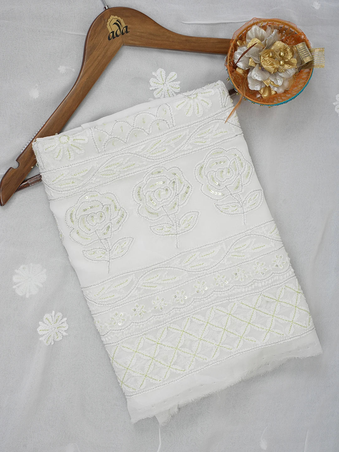 Ada Hand Embroidered White Viscose Georgette Lucknowi Chikankari Unstitched Kurta Dupatta Set with Cutdana and Sequinned Work 01A337583