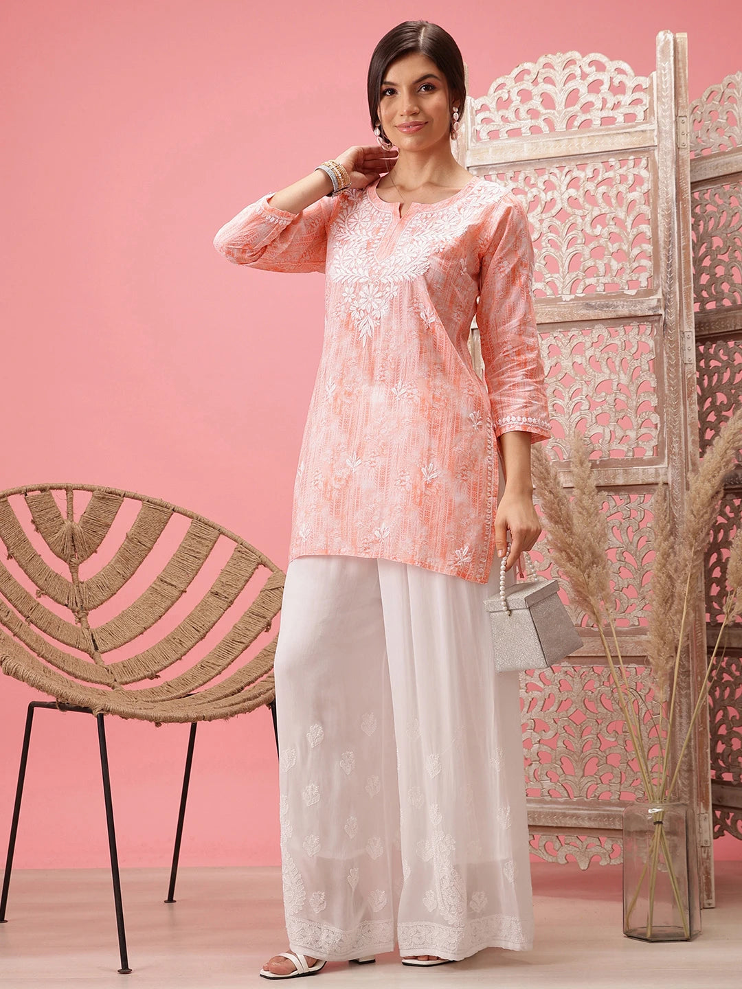 Ada Hand Embroidered Peach Cotton Lucknowi Chikankari Short Kurti A911411