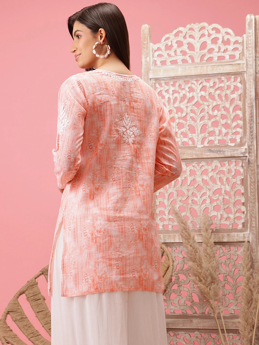 Ada Hand Embroidered Peach Cotton Lucknowi Chikankari Short Kurti A911411