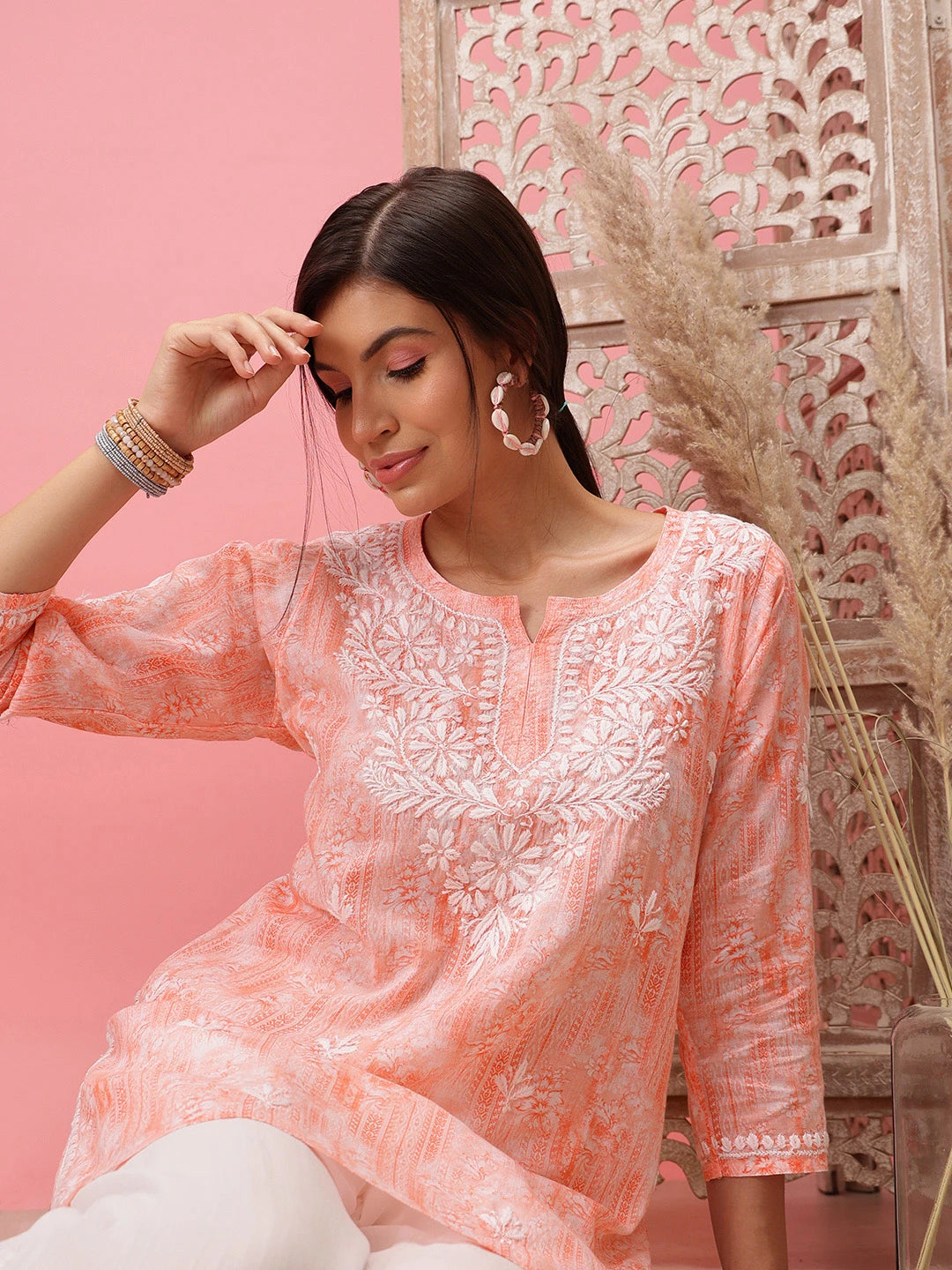 Ada Hand Embroidered Peach Cotton Lucknowi Chikankari Short Kurti A911411