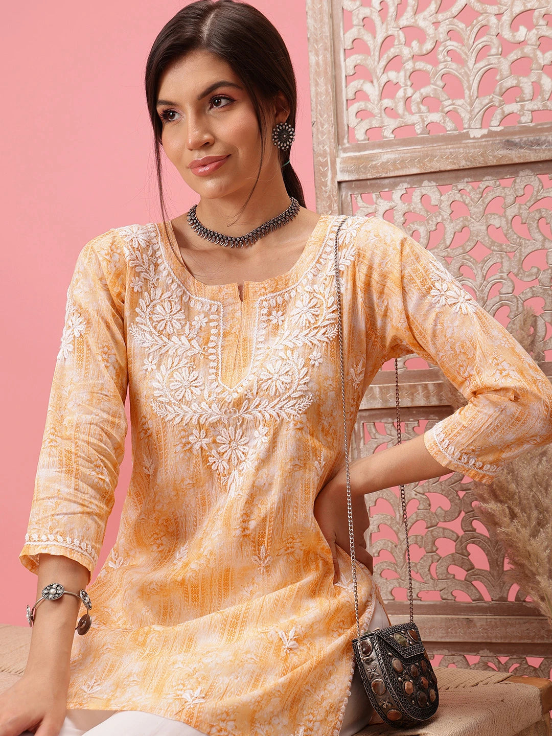 Ada Hand Embroidered Yellow Cotton Lucknowi Chikankari Short Kurti A911413