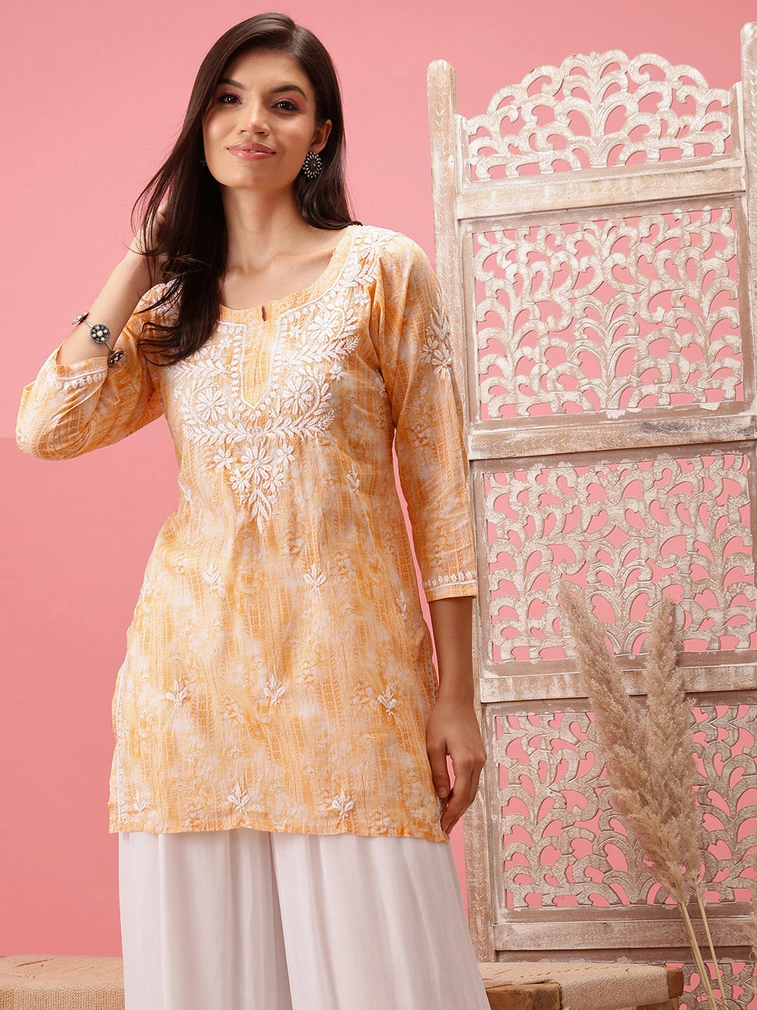 Ada Hand Embroidered Yellow Cotton Lucknowi Chikankari Short Kurti A911413
