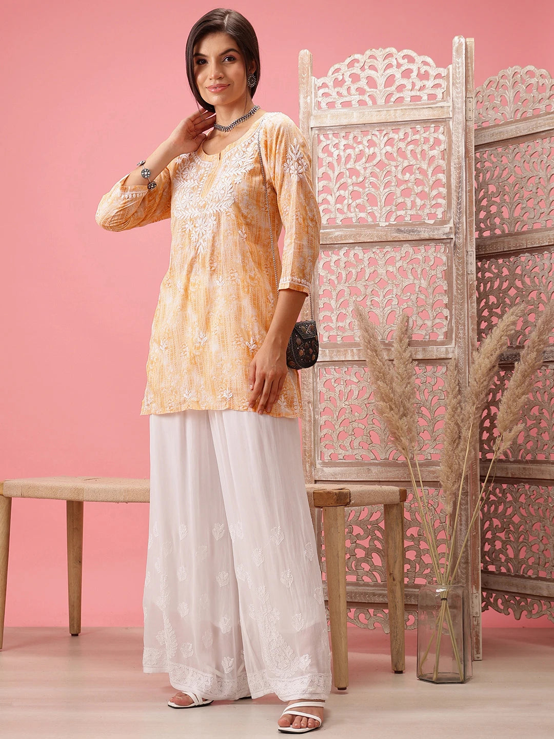 Ada Hand Embroidered Yellow Cotton Lucknowi Chikankari Short Kurti A911413