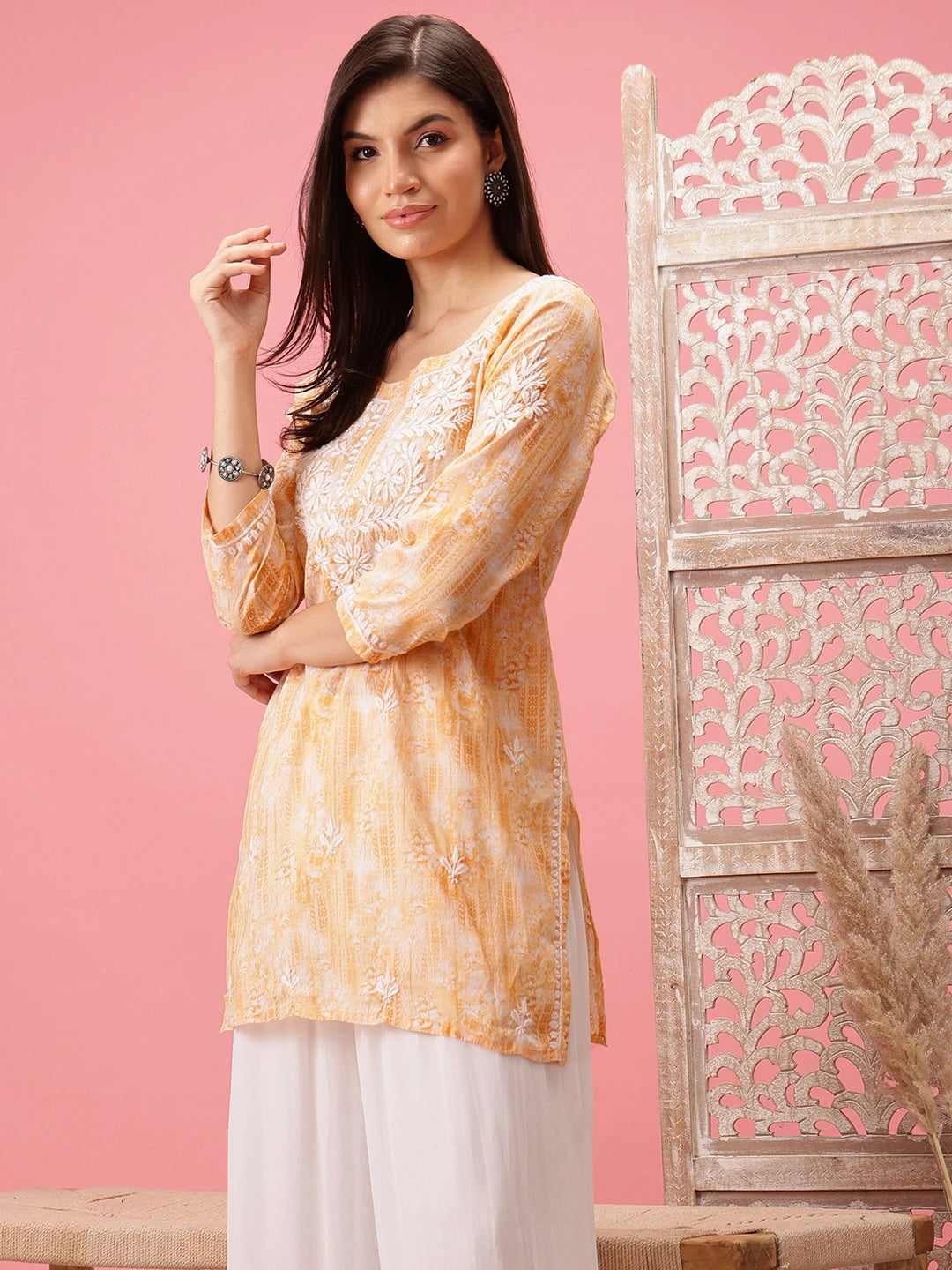 Ada Hand Embroidered Yellow Cotton Lucknowi Chikankari Short Kurti A911413