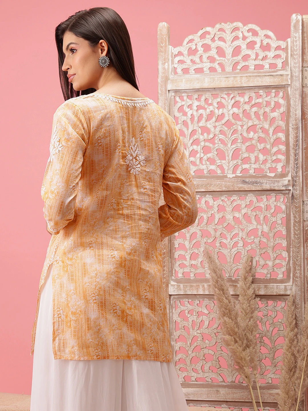 Ada Hand Embroidered Yellow Cotton Lucknowi Chikankari Short Kurti A911413
