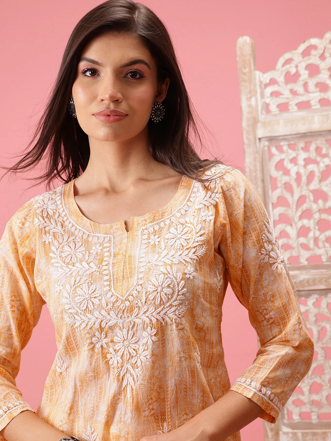 Ada Hand Embroidered Yellow Cotton Lucknowi Chikankari Short Kurti A911413