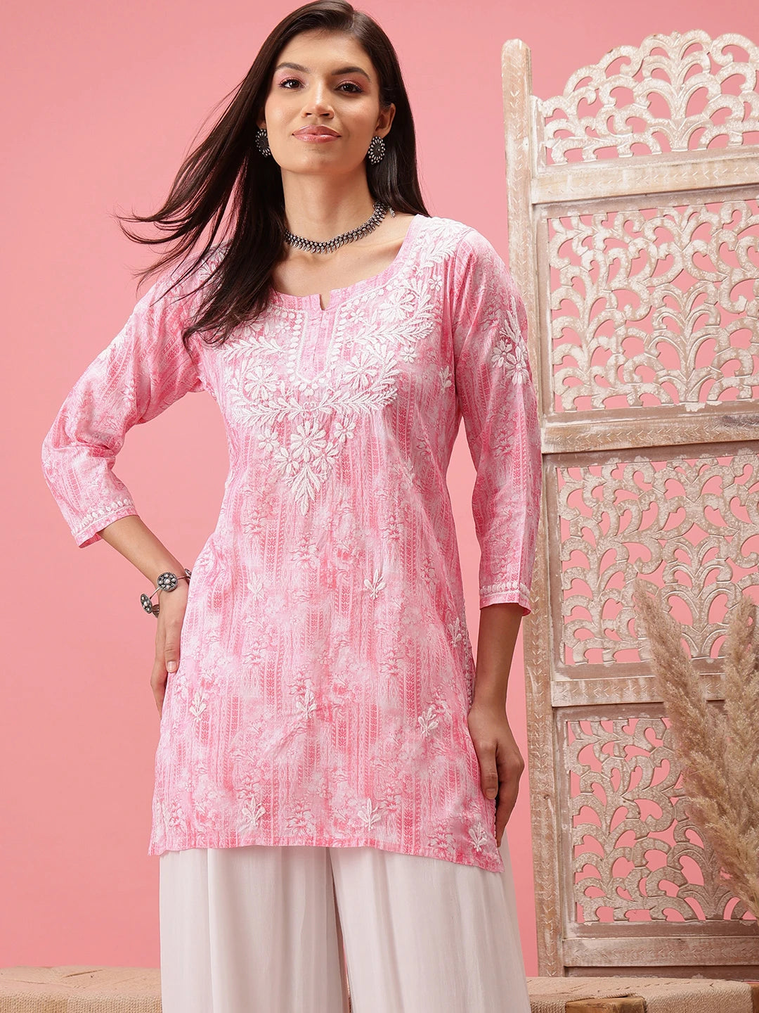 Ada Hand Embroidered Pink Cotton Lucknowi Chikankari Short Kurti A911414