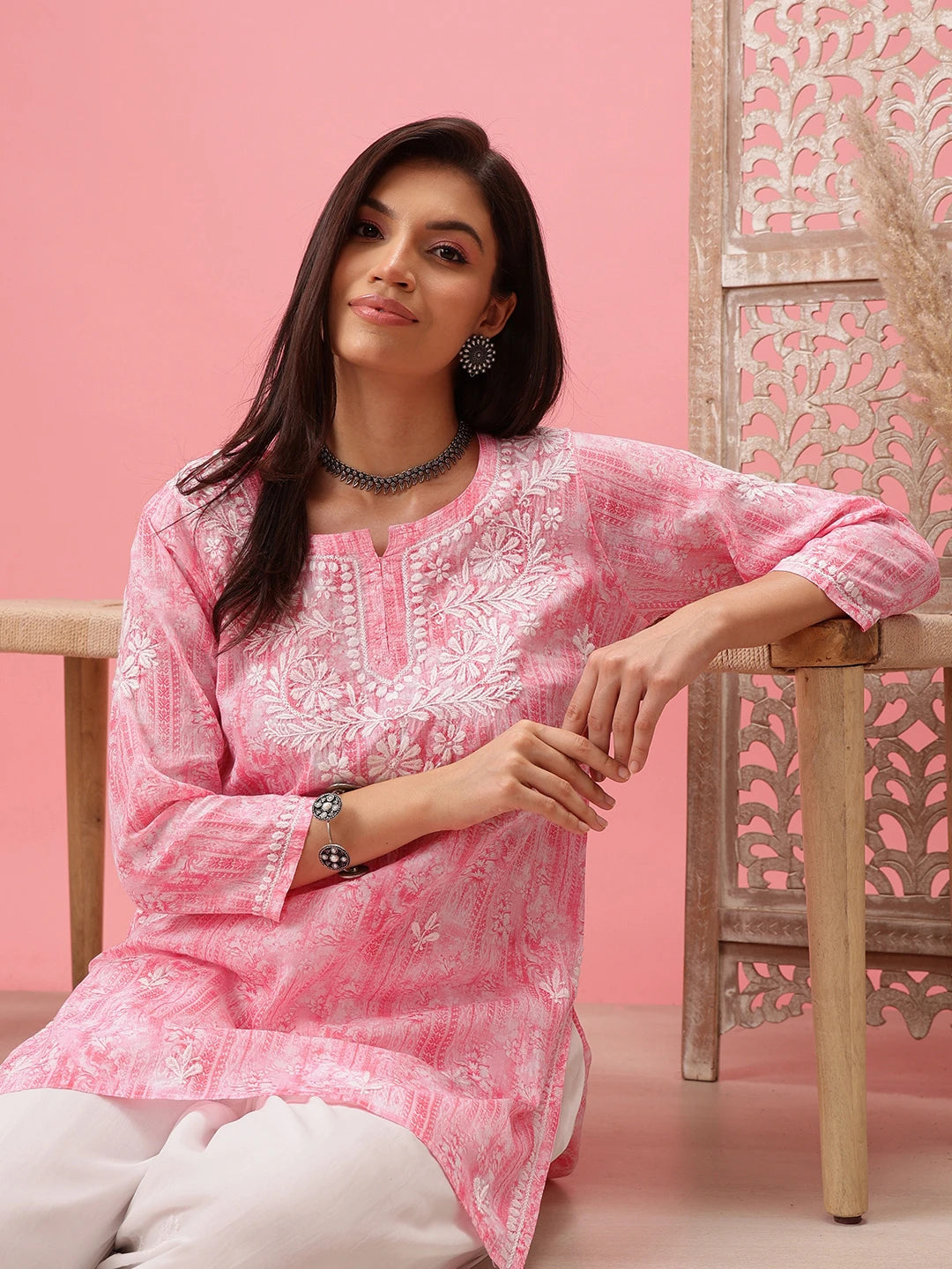 Ada Hand Embroidered Pink Cotton Lucknowi Chikankari Short Kurti A911414