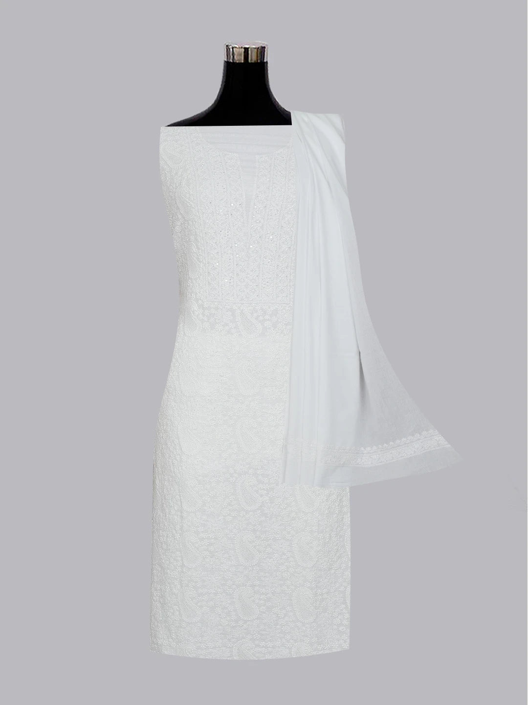 Ada Hand Embroidered Snow White Cotton Lucknowi Chikankari Unstitched Kurta Dupatta Set with Cutdana Work 01A593549