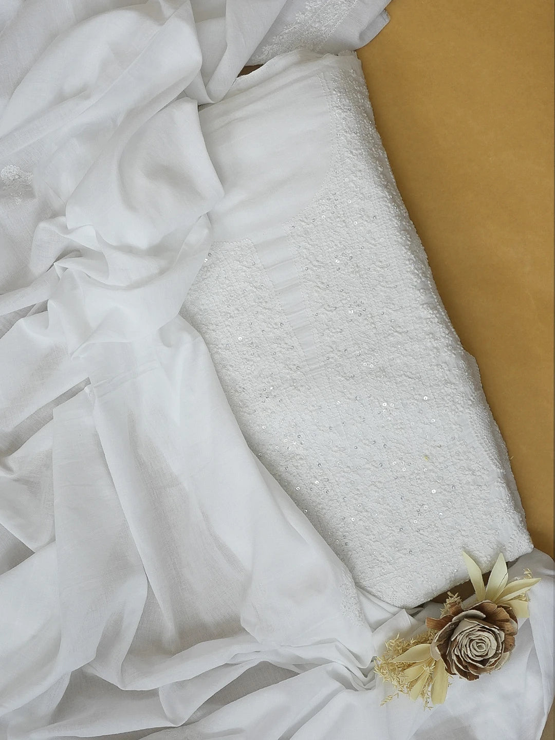 Ada Hand Embroidered Snow White Cotton Lucknowi Chikankari Unstitched Kurta Dupatta Set with Cutdana Work 01A593549