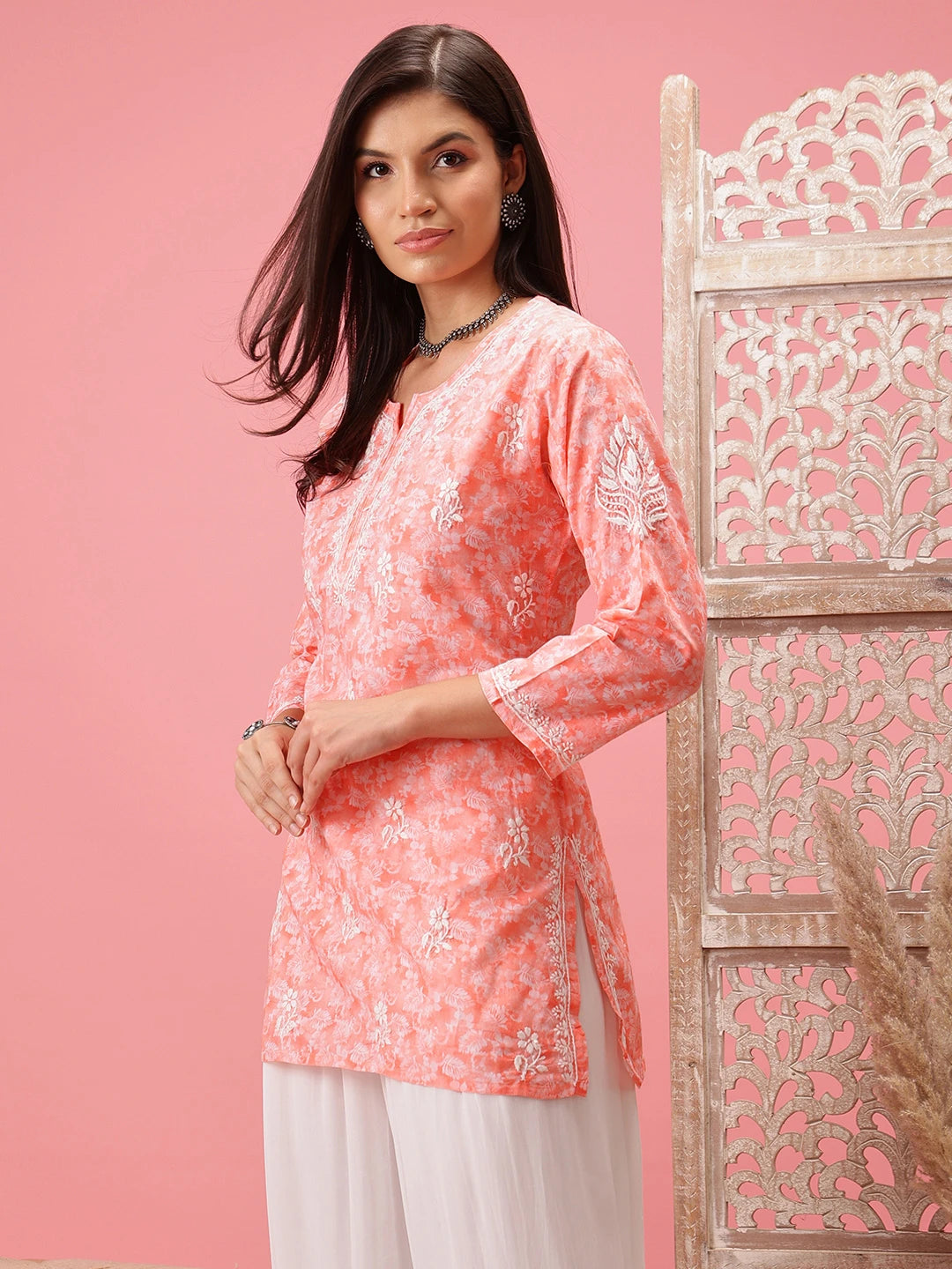 Ada Hand Embroidered Peach Cotton Lucknowi Chikankari Short Kurti A911206