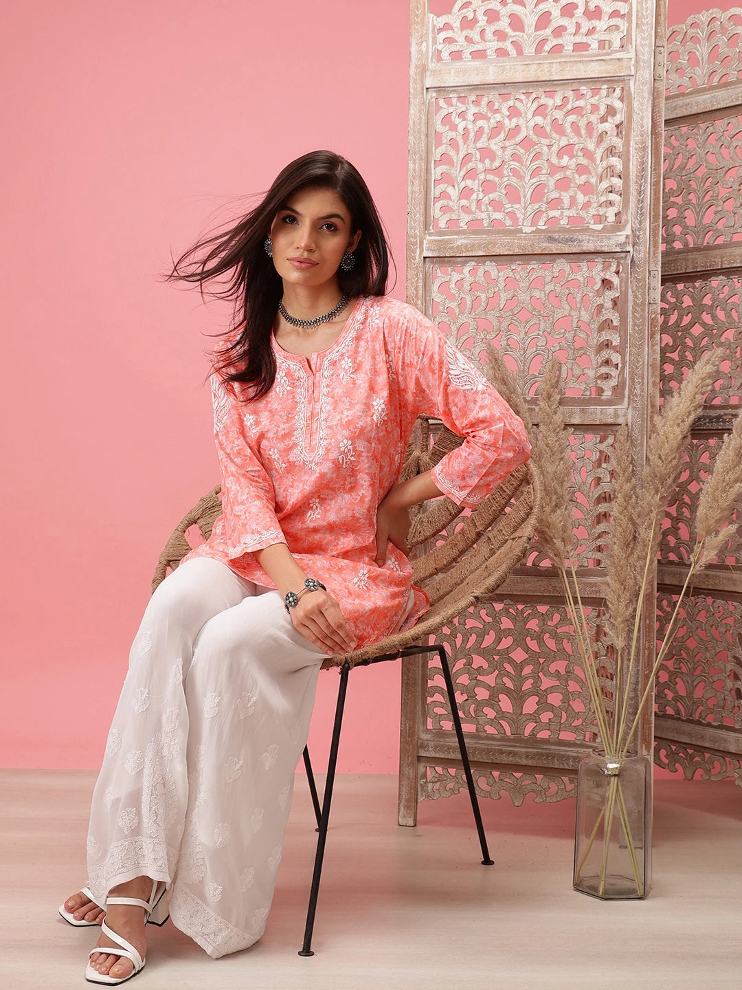 Ada Hand Embroidered Peach Cotton Lucknowi Chikankari Short Kurti A911206