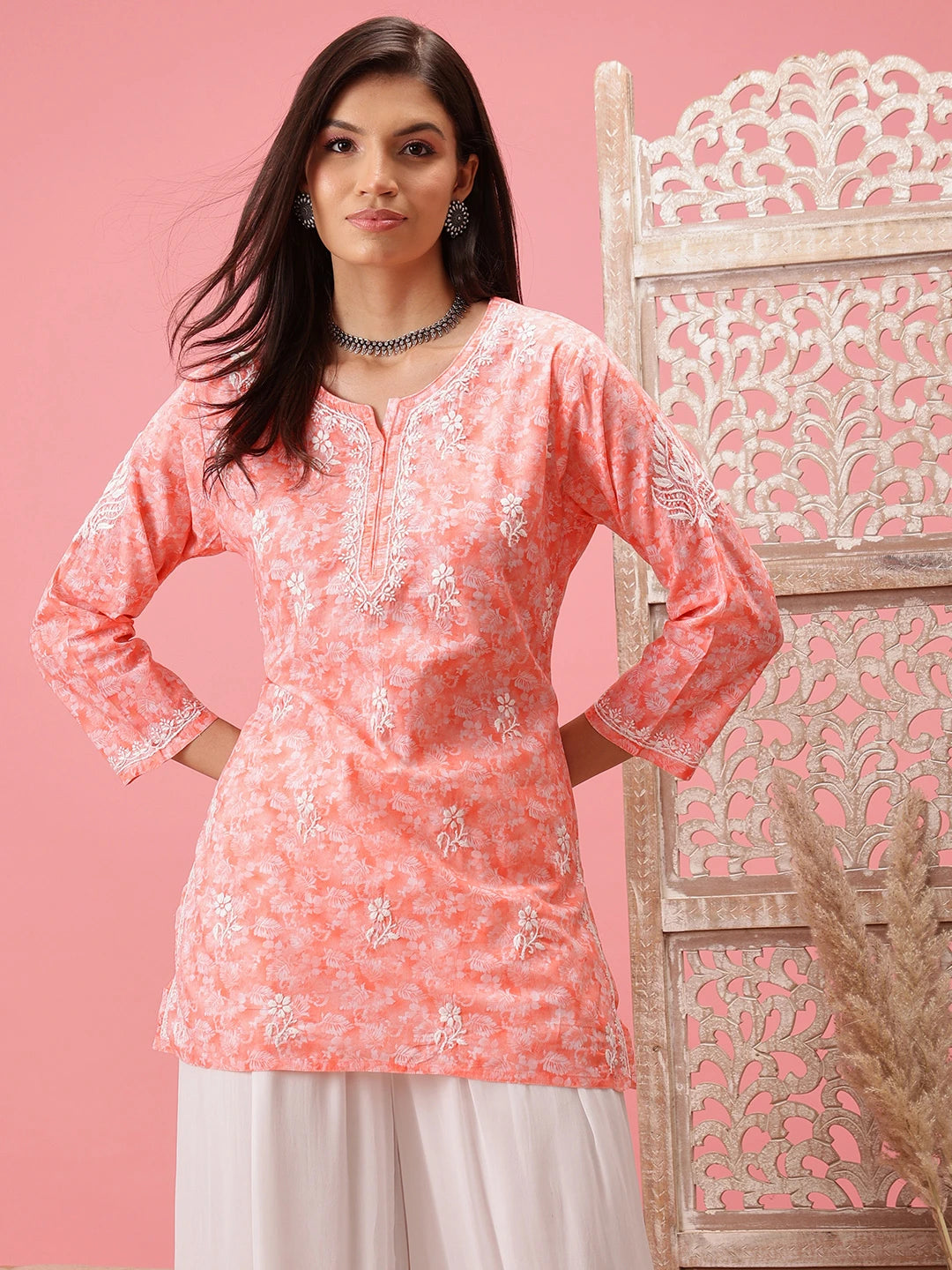 Ada Hand Embroidered Peach Cotton Lucknowi Chikankari Short Kurti A911206