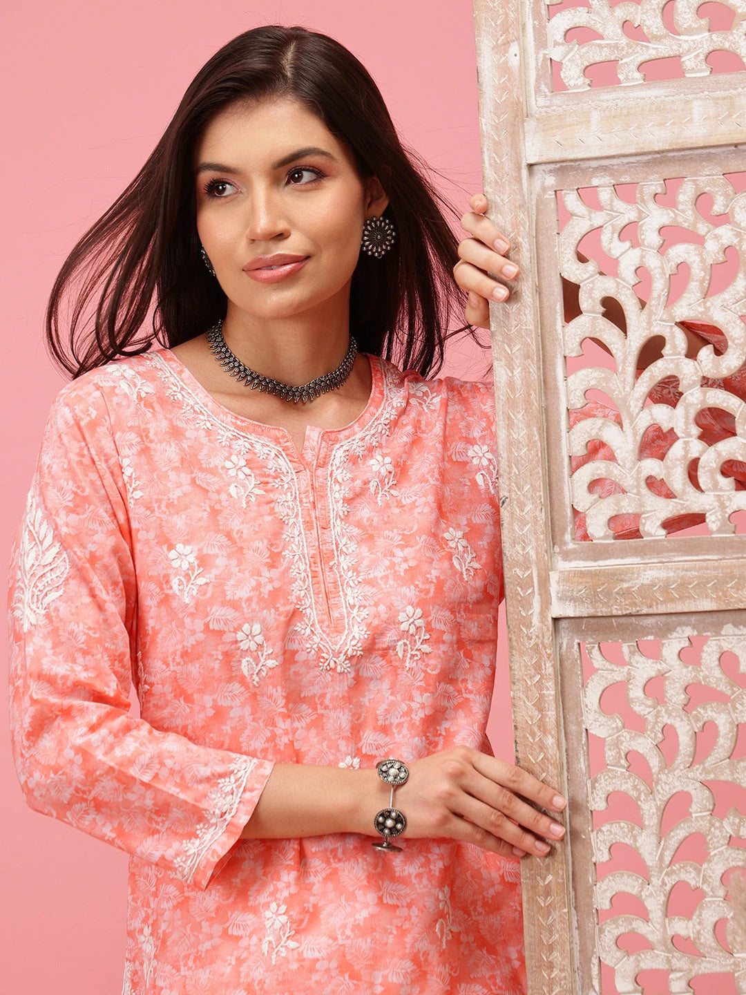 Ada Hand Embroidered Peach Cotton Lucknowi Chikankari Short Kurti A911206