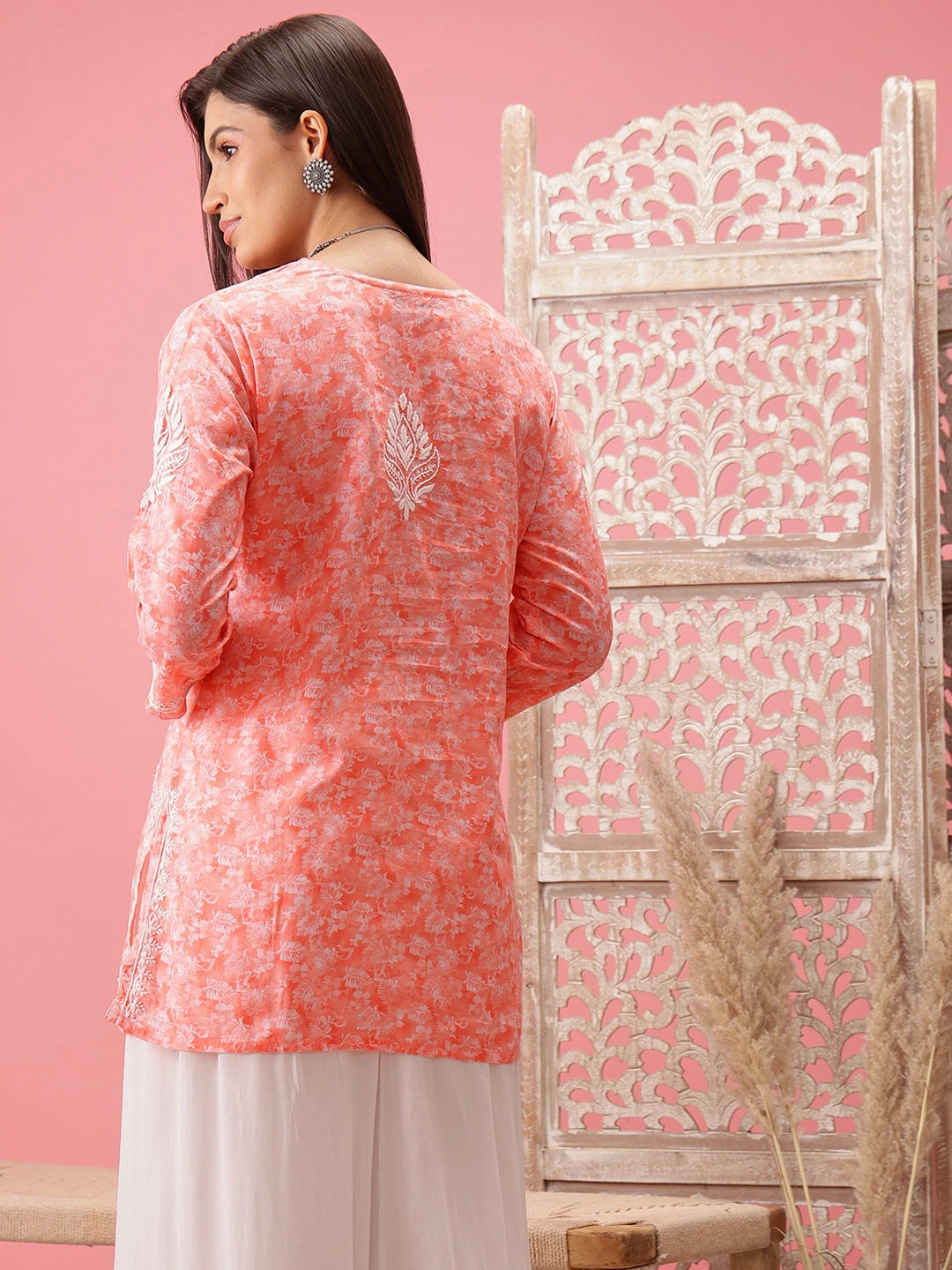 Ada Hand Embroidered Peach Cotton Lucknowi Chikankari Short Kurti A911206