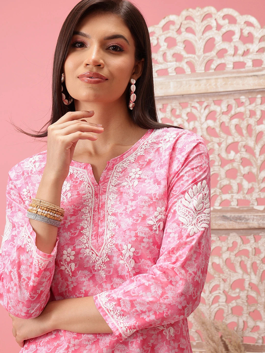 Ada Hand Embroidered Pink Cotton Lucknowi Chikankari Straight Kurti A911207