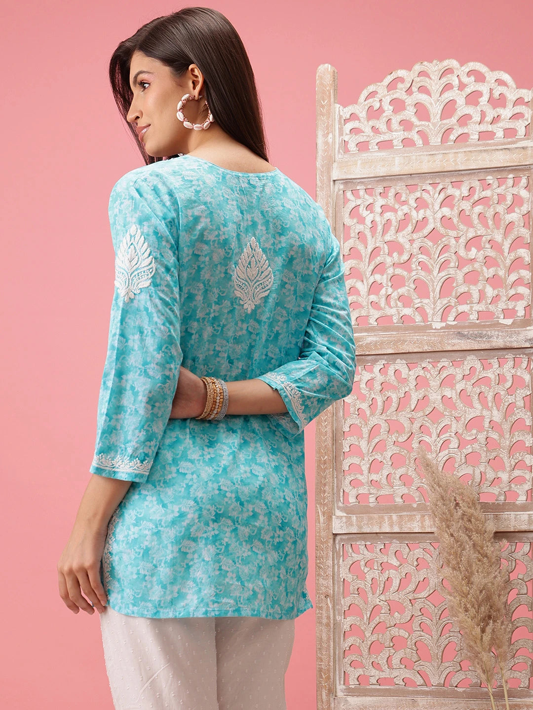 Ada Hand Embroidered Blue Cotton Lucknowi Chikankari Short Kurti A911208