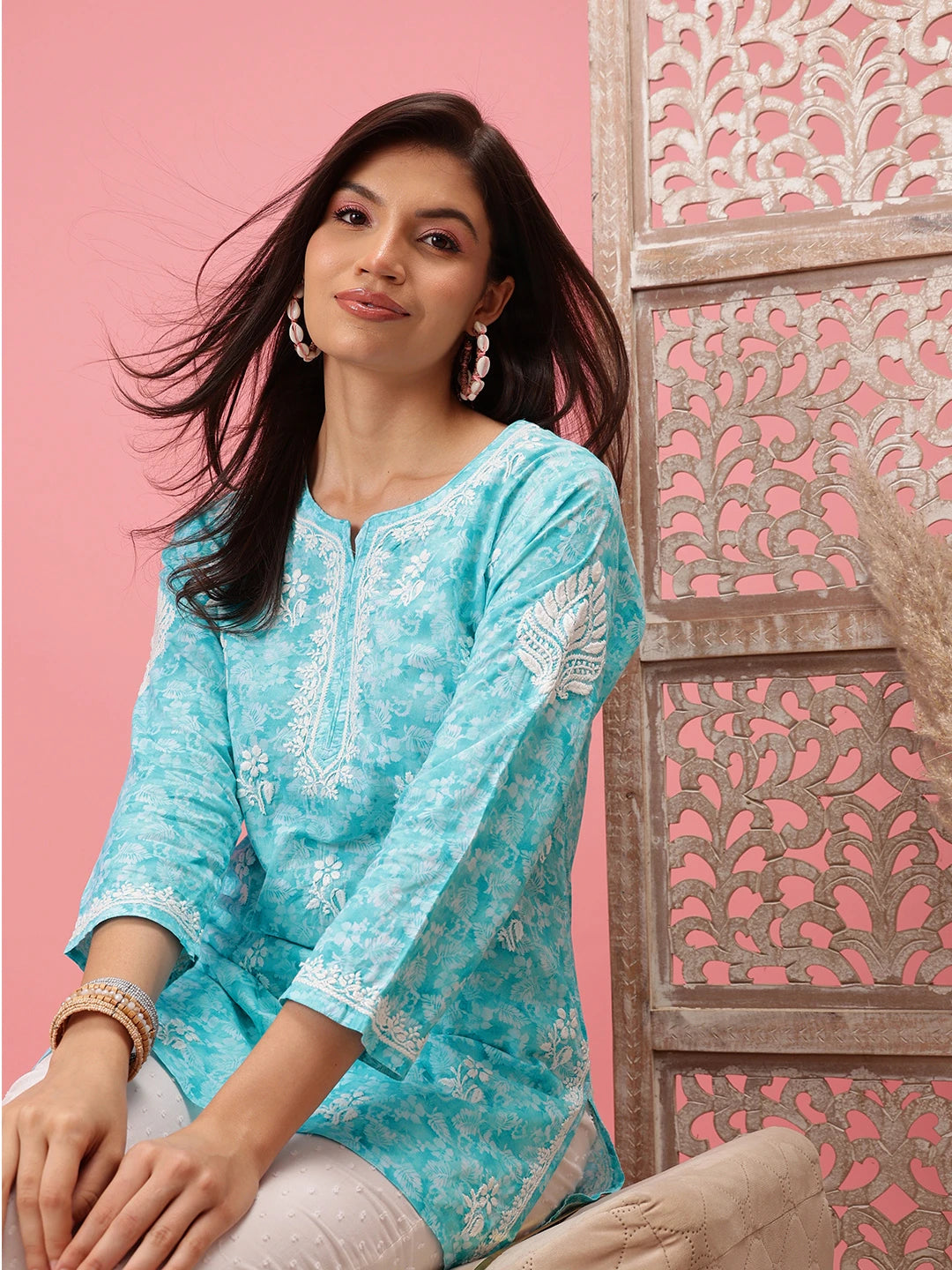Ada Hand Embroidered Blue Cotton Lucknowi Chikankari Short Kurti A911208