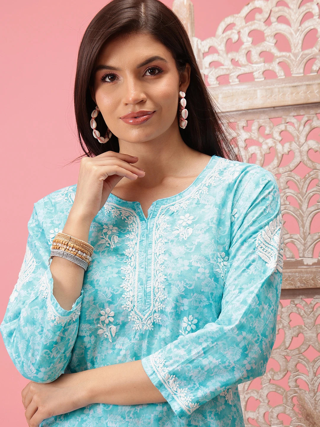Ada Hand Embroidered Blue Cotton Lucknowi Chikankari Short Kurti A911208