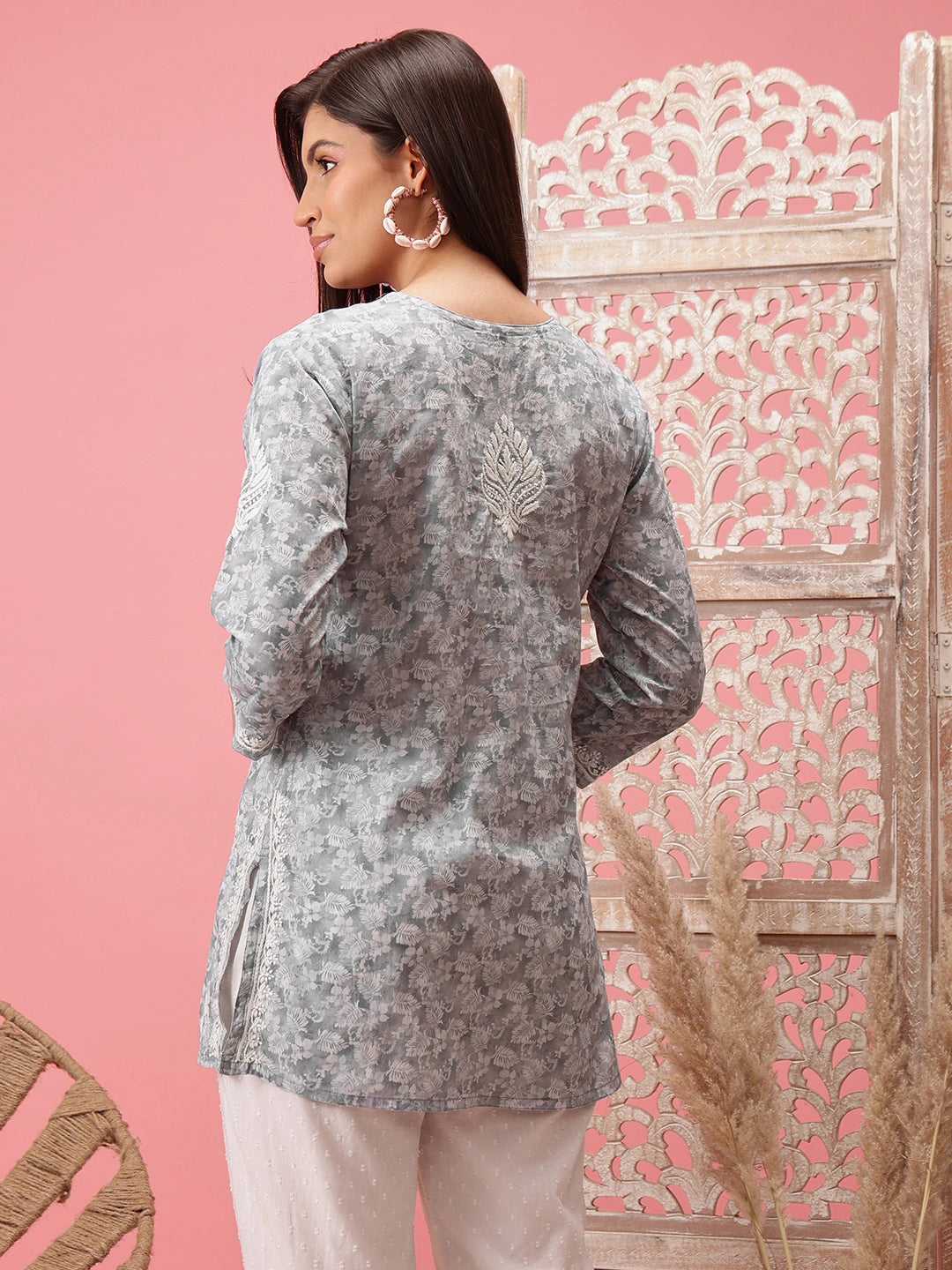 Ada Hand Embroidered Grey Cotton Lucknowi Chikankari Short Kurti A911220