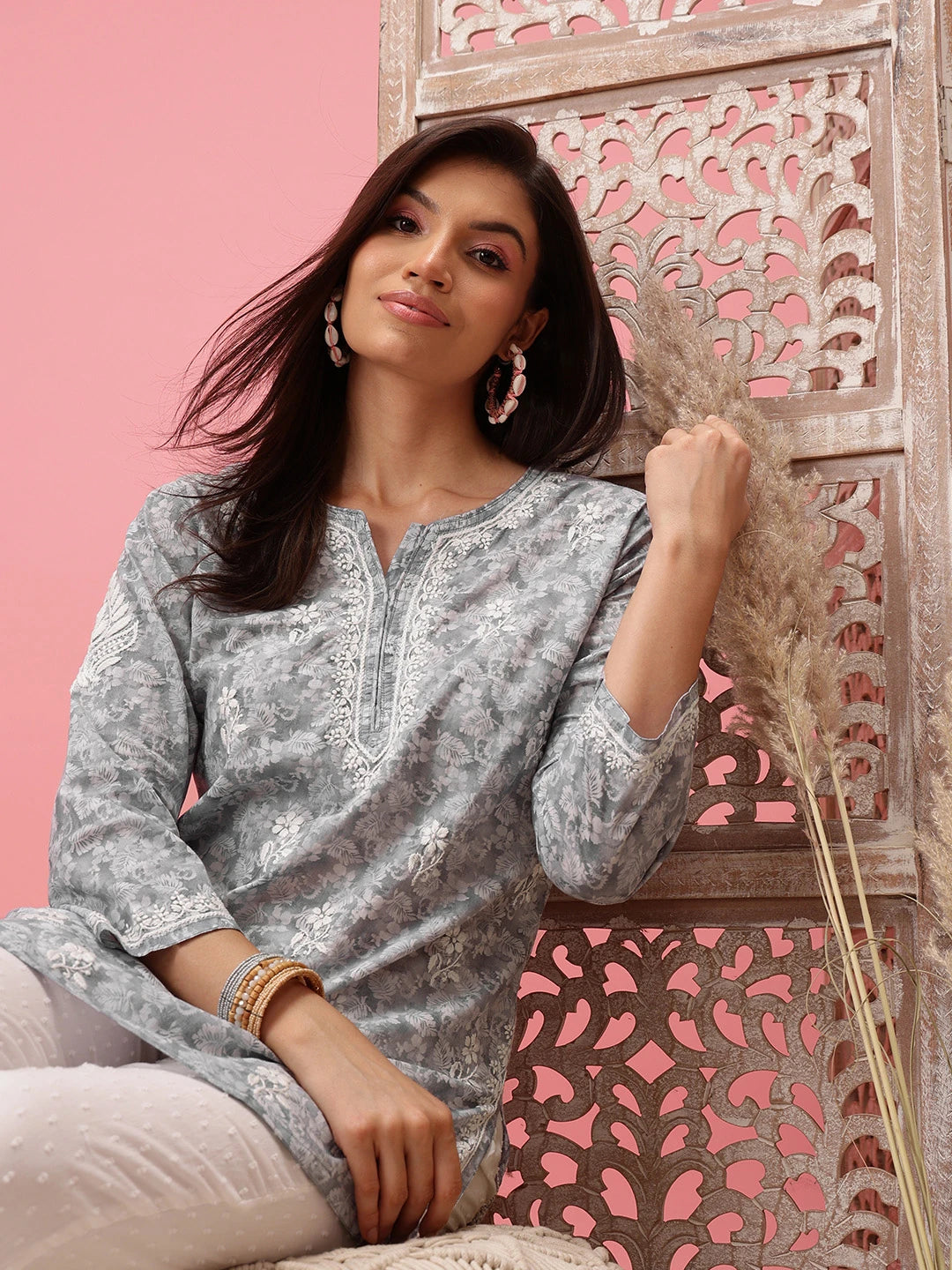 Ada Hand Embroidered Grey Cotton Lucknowi Chikankari Short Kurti A911220