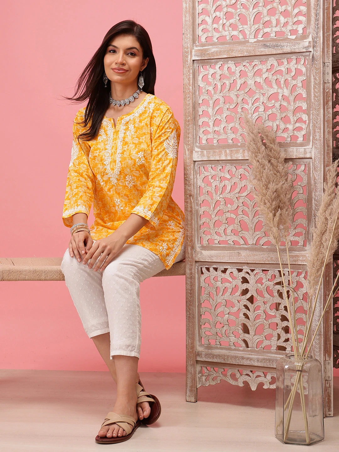Ada Hand Embroidered Yellow Cotton Lucknowi Chikankari Straight Kurti A911249