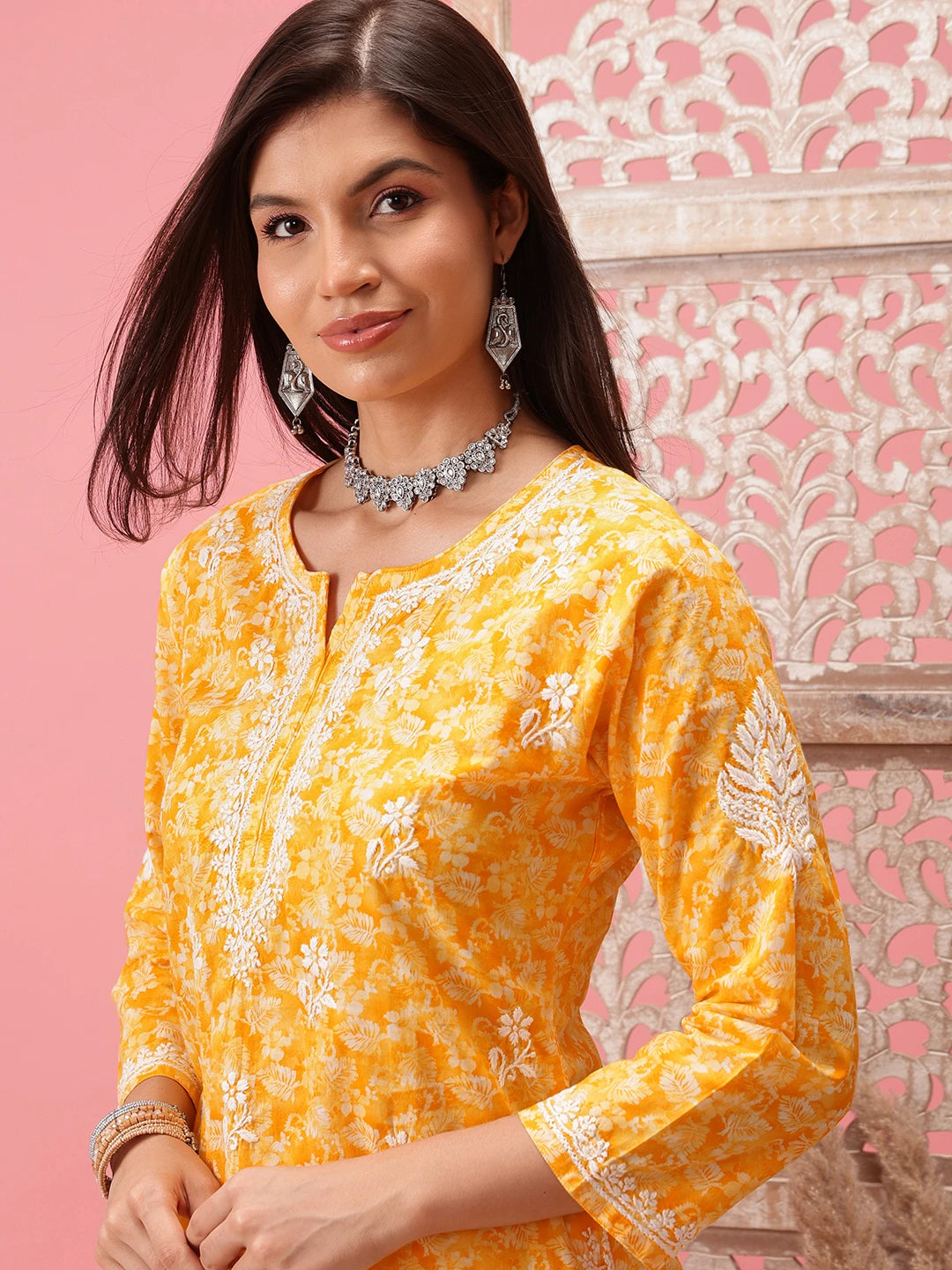 Ada Hand Embroidered Yellow Cotton Lucknowi Chikankari Straight Kurti A911249