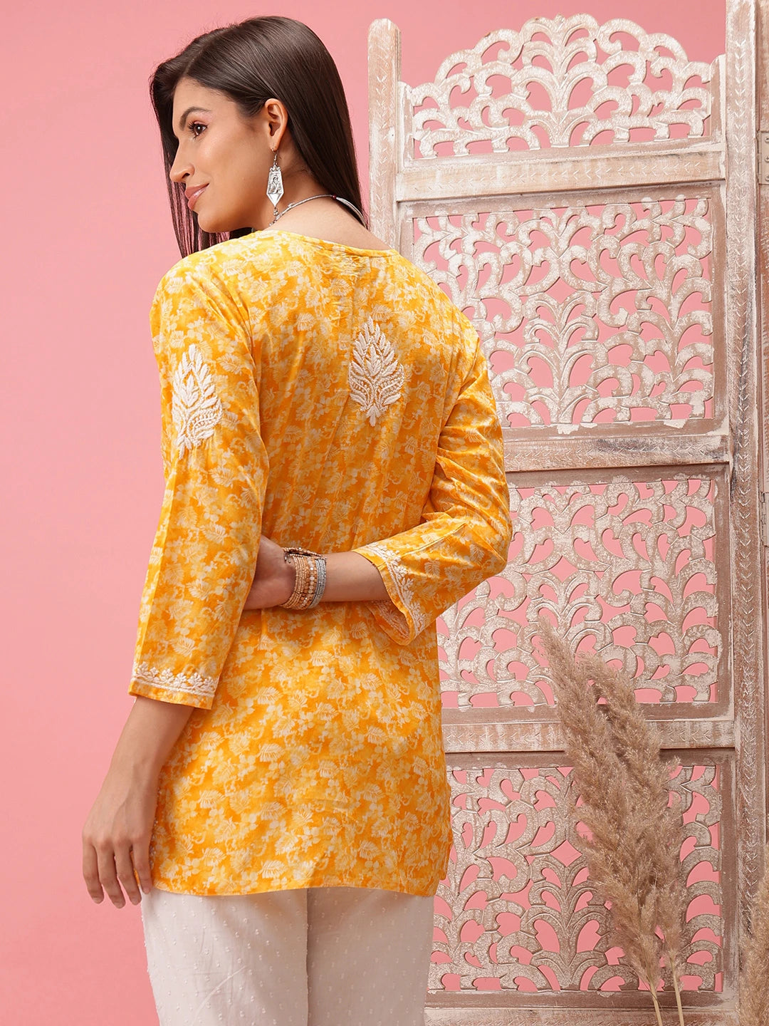 Ada Hand Embroidered Yellow Cotton Lucknowi Chikankari Straight Kurti A911249