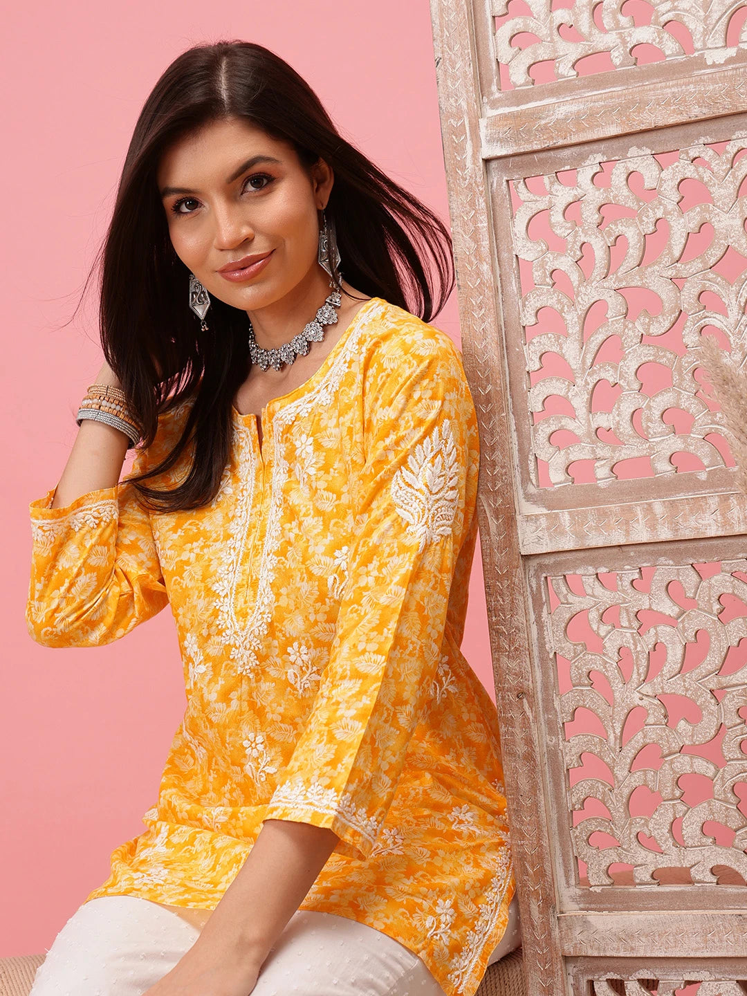Ada Hand Embroidered Yellow Cotton Lucknowi Chikankari Straight Kurti A911249