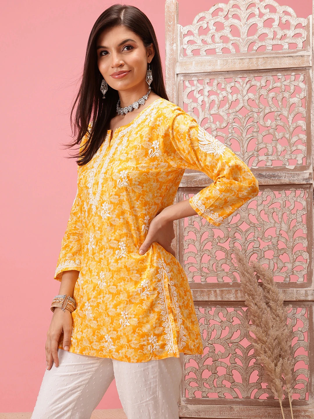 Ada Hand Embroidered Yellow Cotton Lucknowi Chikankari Straight Kurti A911249