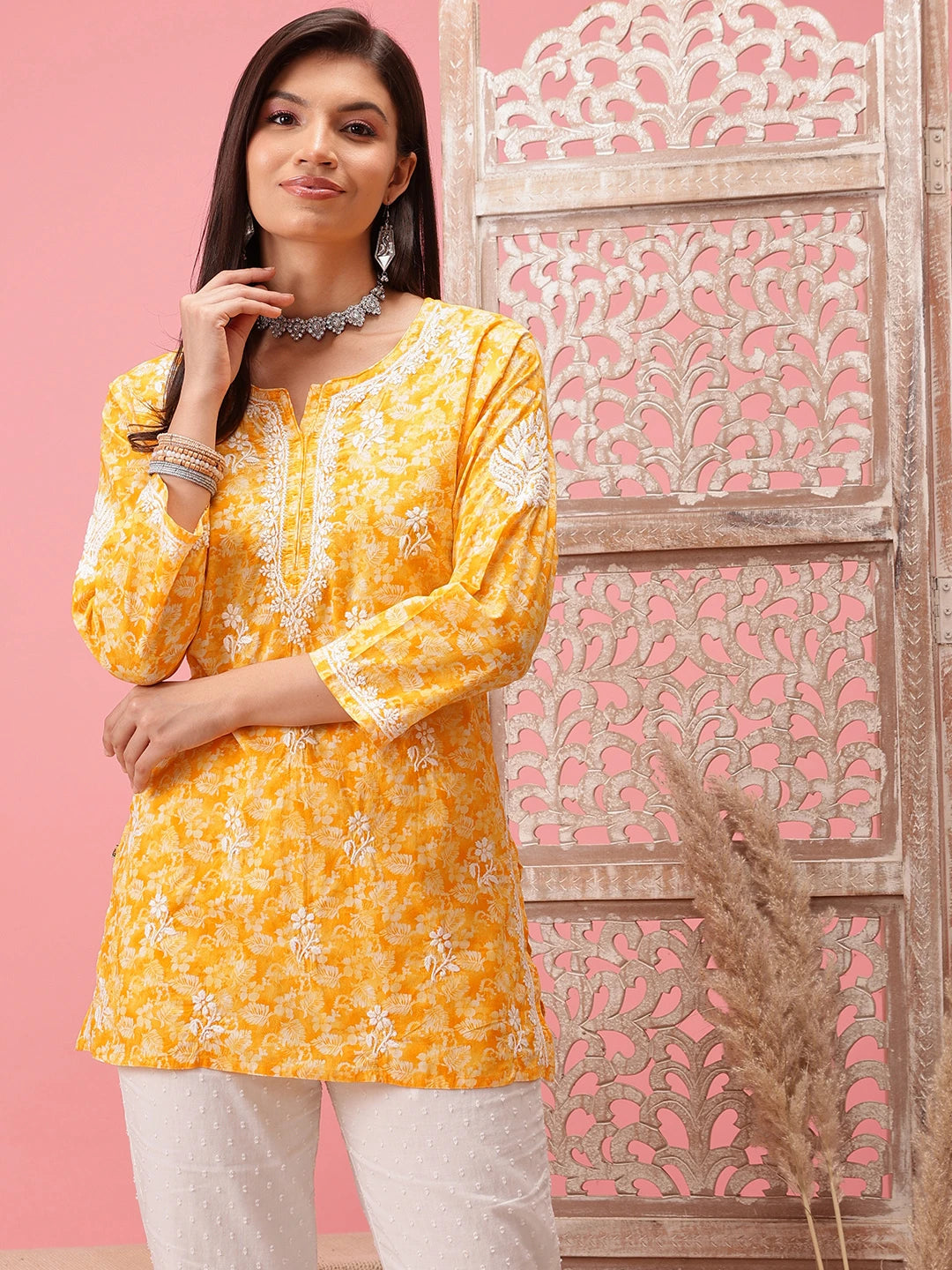 Ada Hand Embroidered Yellow Cotton Lucknowi Chikankari Straight Kurti A911249