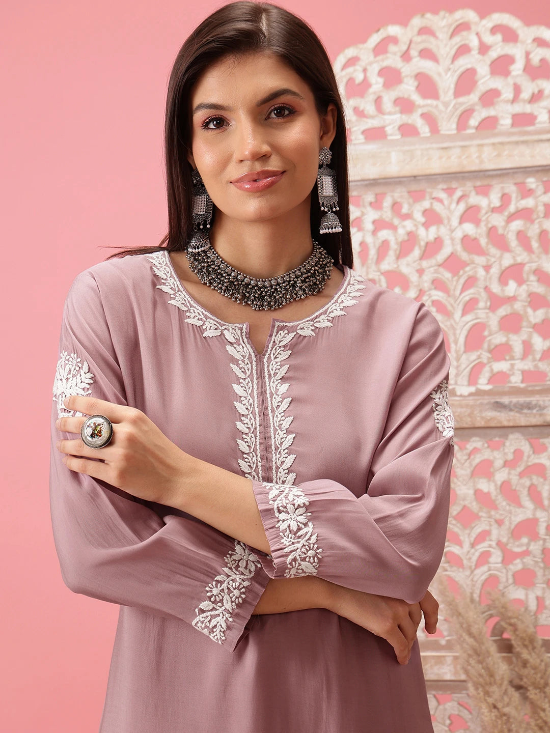 Ada Hand Embroidered Mauve Cotton Lucknowi Chikankari Co-Ord Set A811277