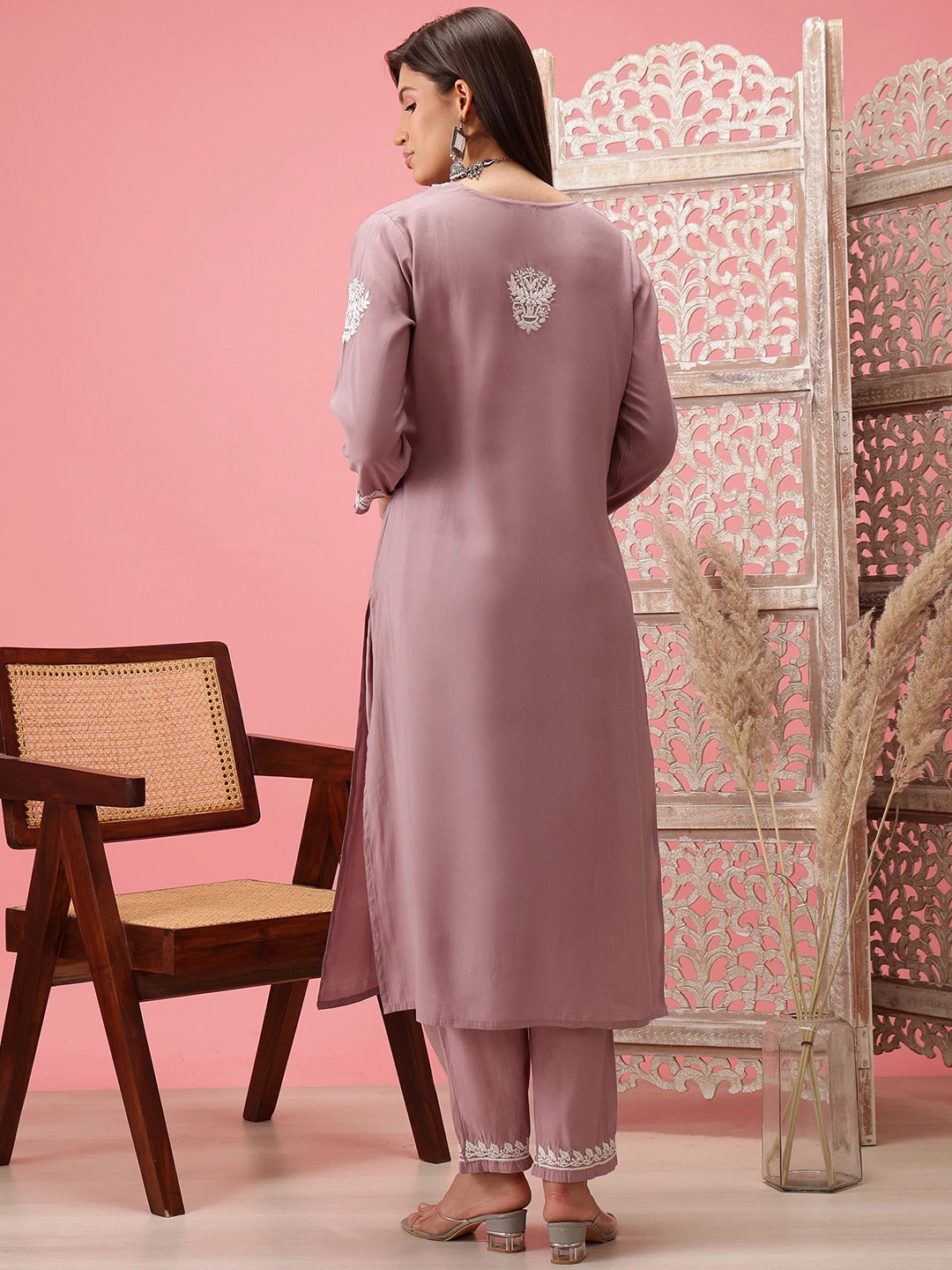 Ada Hand Embroidered Mauve Cotton Lucknowi Chikankari Co-Ord Set A811277