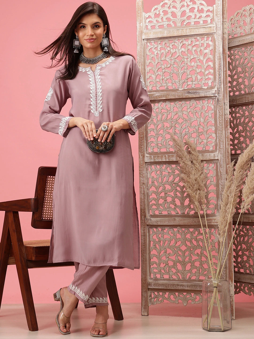 Ada Hand Embroidered Mauve Cotton Lucknowi Chikankari Co-Ord Set A811277