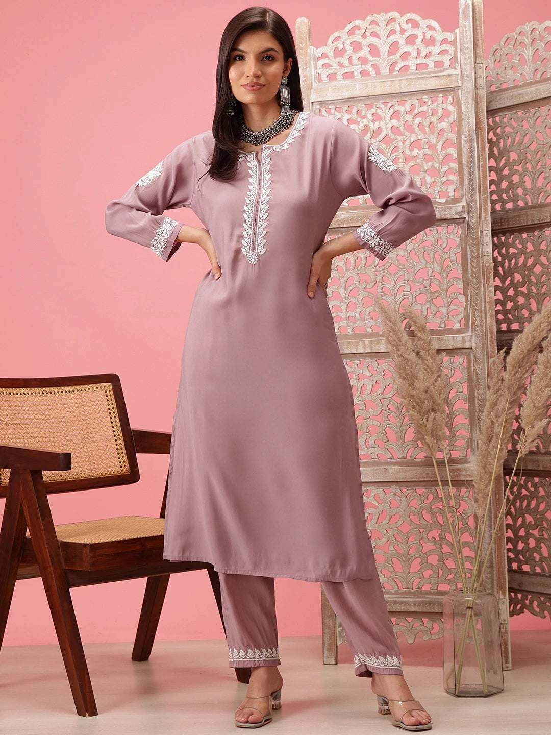 Ada Hand Embroidered Mauve Cotton Lucknowi Chikankari Co-Ord Set A811277