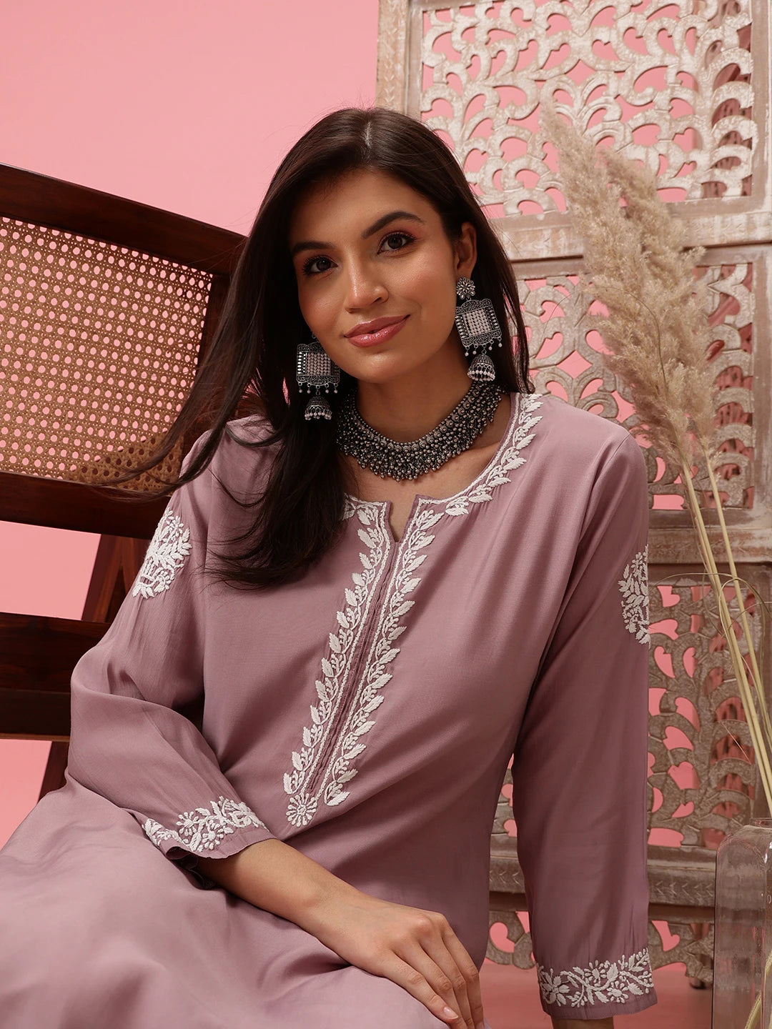 Ada Hand Embroidered Mauve Cotton Lucknowi Chikankari Co-Ord Set A811277