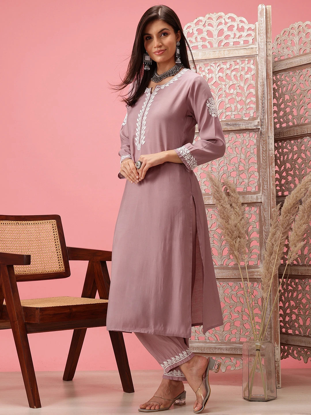 Ada Hand Embroidered Mauve Cotton Lucknowi Chikankari Co-Ord Set A811277