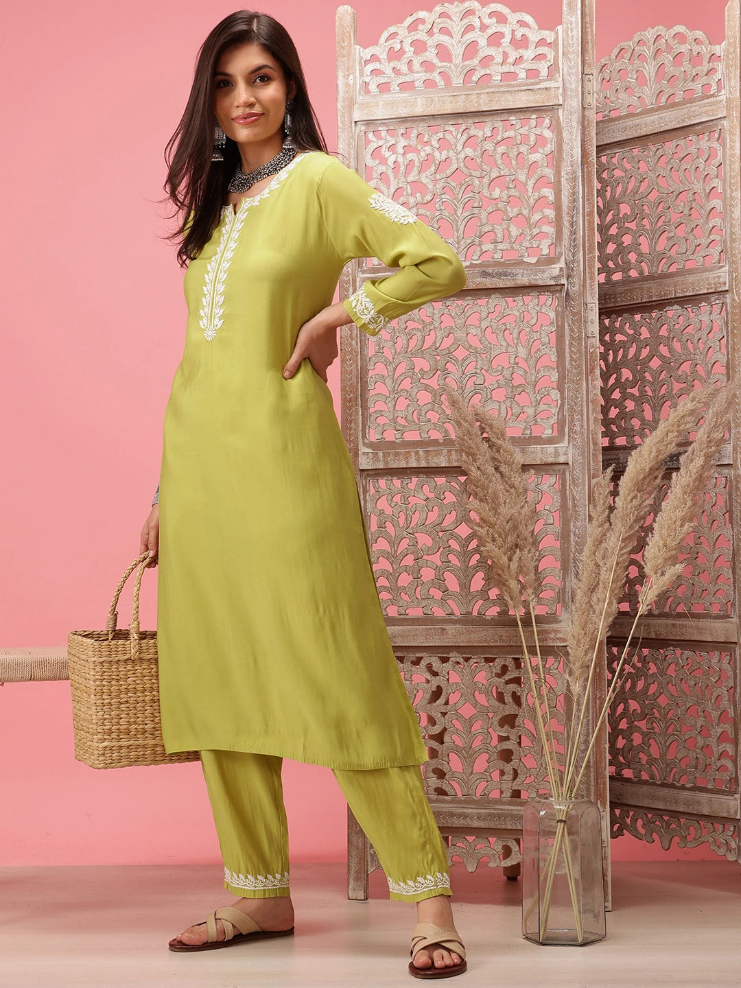 Ada Hand Embroidered Lime Green Cotton Lucknowi Chikankari Co-Ord Set A811278