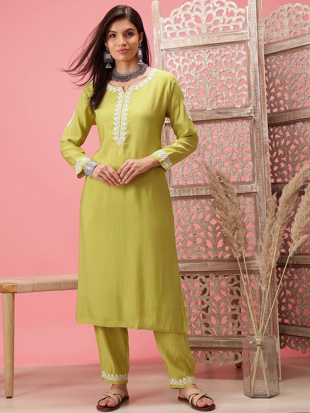 Ada Hand Embroidered Lime Green Cotton Lucknowi Chikankari Co-Ord Set A811278