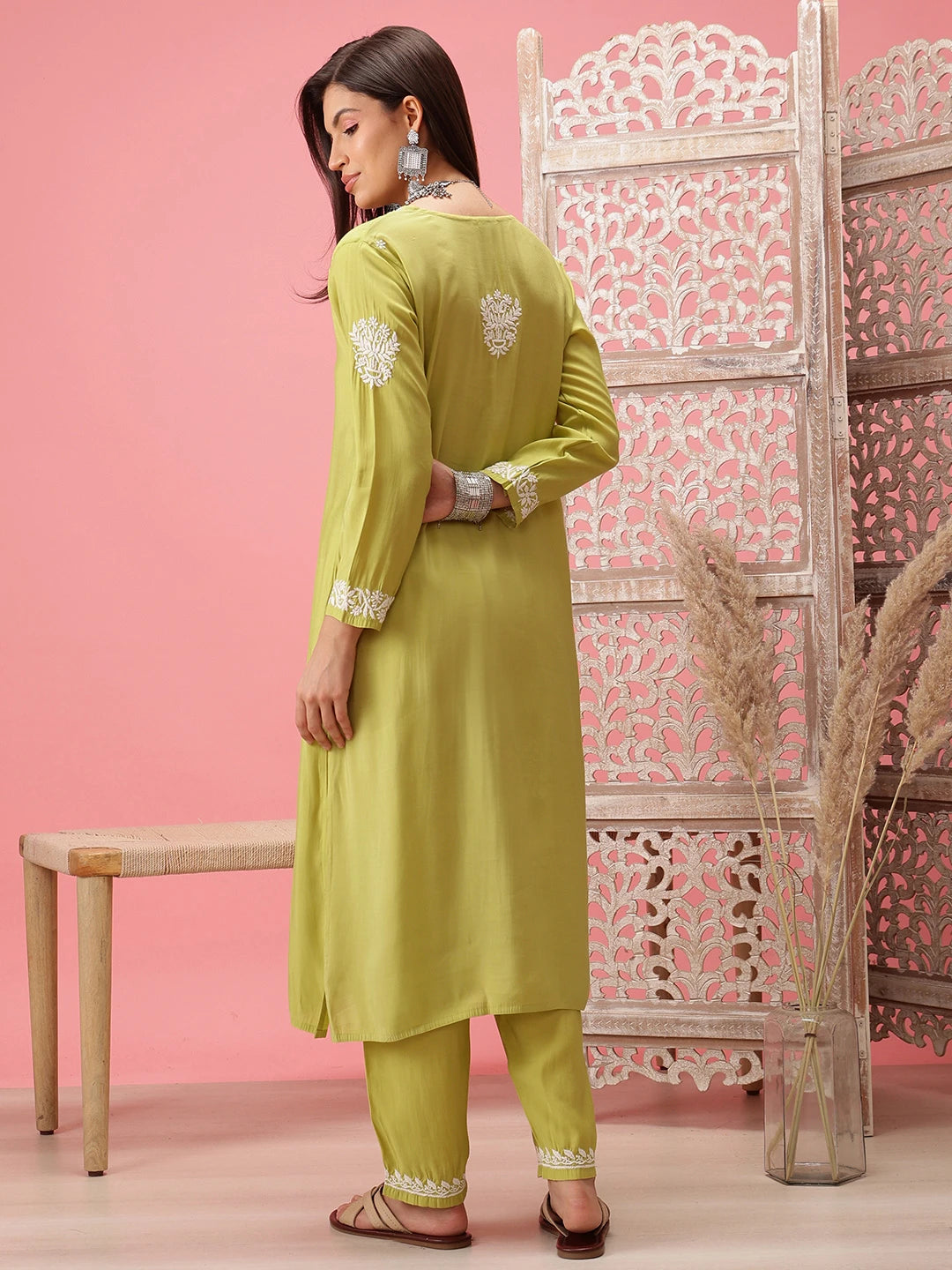 Ada Hand Embroidered Lime Green Cotton Lucknowi Chikankari Co-Ord Set A811278