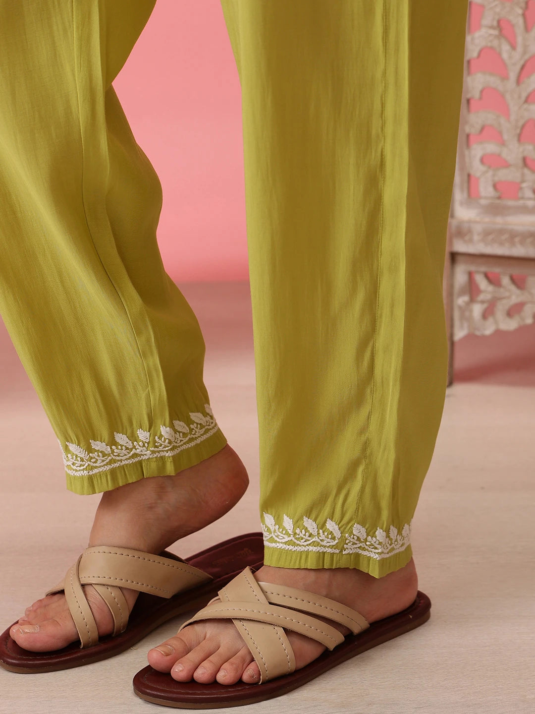 Ada Hand Embroidered Lime Green Cotton Lucknowi Chikankari Co-Ord Set A811278
