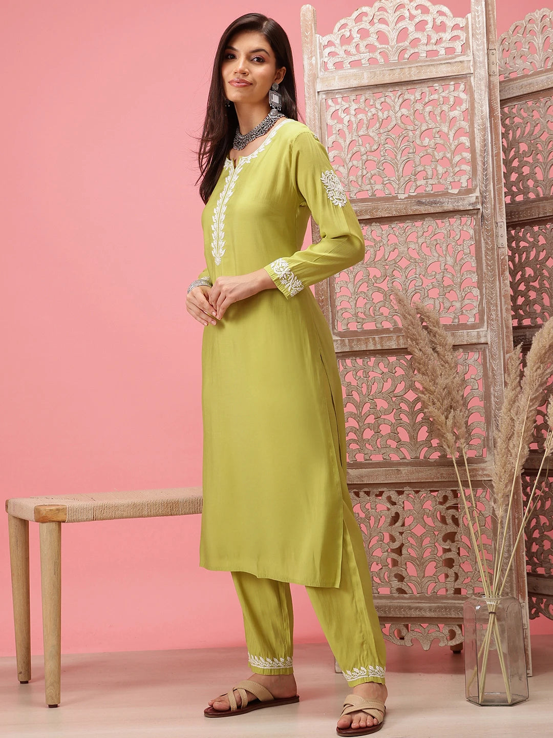 Ada Hand Embroidered Lime Green Cotton Lucknowi Chikankari Co-Ord Set A811278