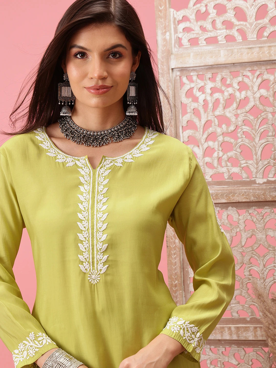 Ada Hand Embroidered Lime Green Cotton Lucknowi Chikankari Co-Ord Set A811278