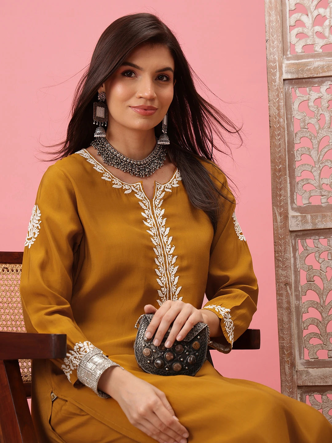 Ada Hand Embroidered Mustard Cotton Lucknowi Chikankari Co-Ord Set A811279